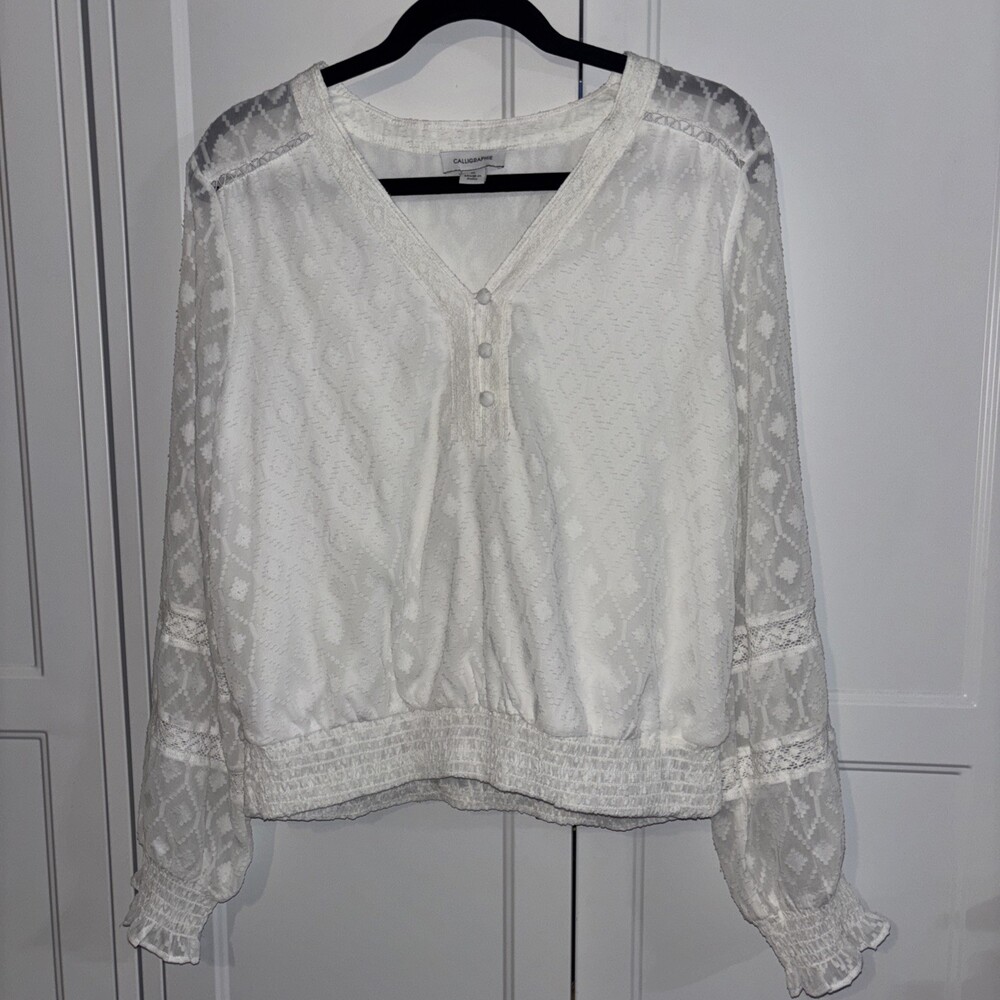 Women's White V-neck Blouse, Size XL Long Sleeve
